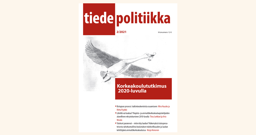 Tiedepolitiikka 2-2021 kansi, kuvassa lentävä lintu